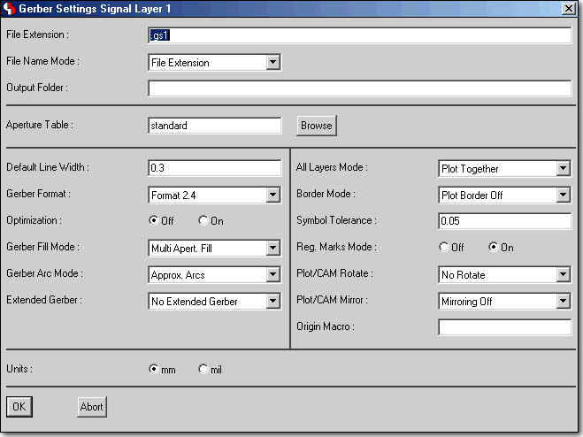 BAE Version 6.2: CAM Processor Dialog - CAM Batch - Layer-specific Gerber Parameter Settings