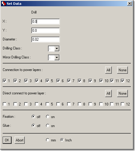 BAE Version 6.6: Layout Editor - Drill Hole: Element Manipulation Dialog