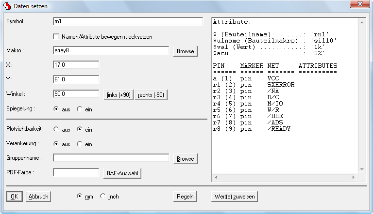 BAE Version 7.6: Schaltplaneditor - Symbolpinliste im p-Tasten-Dialog