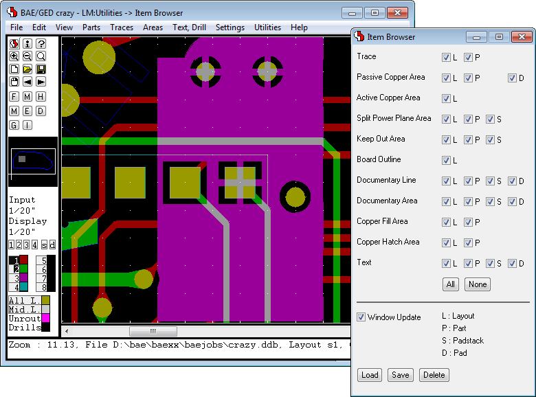 BAE Version 7.8: Layout Editor - Item Browser with Element Type and Hierarchy Level Display Options